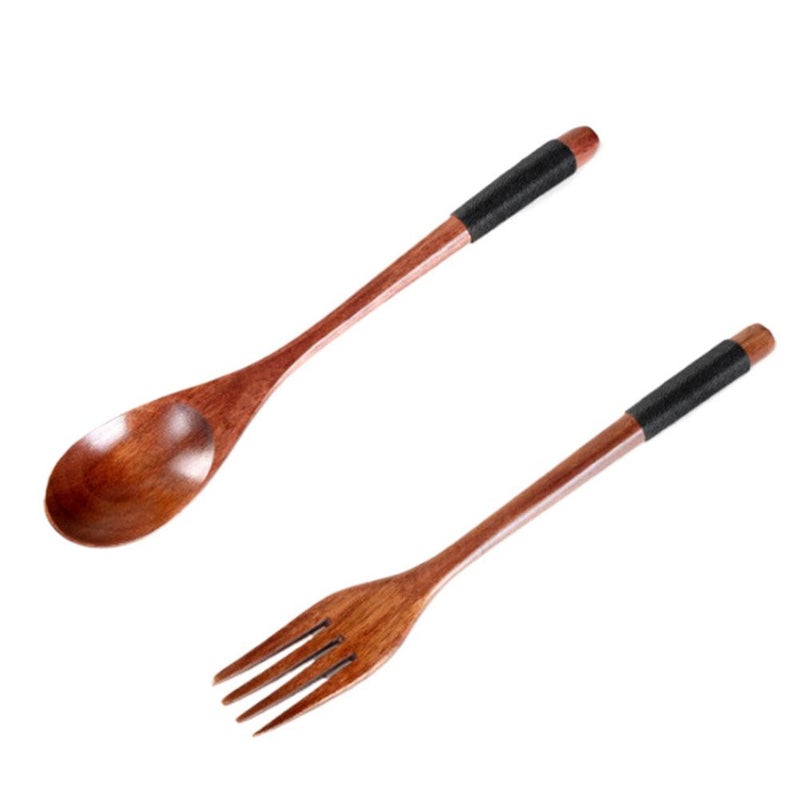 Wooden Spoon, Fork, and Chopstick Set - Three-piece set made of nanmu wood with lacquer and thread wrapping; convenient cloth bag for tableware.